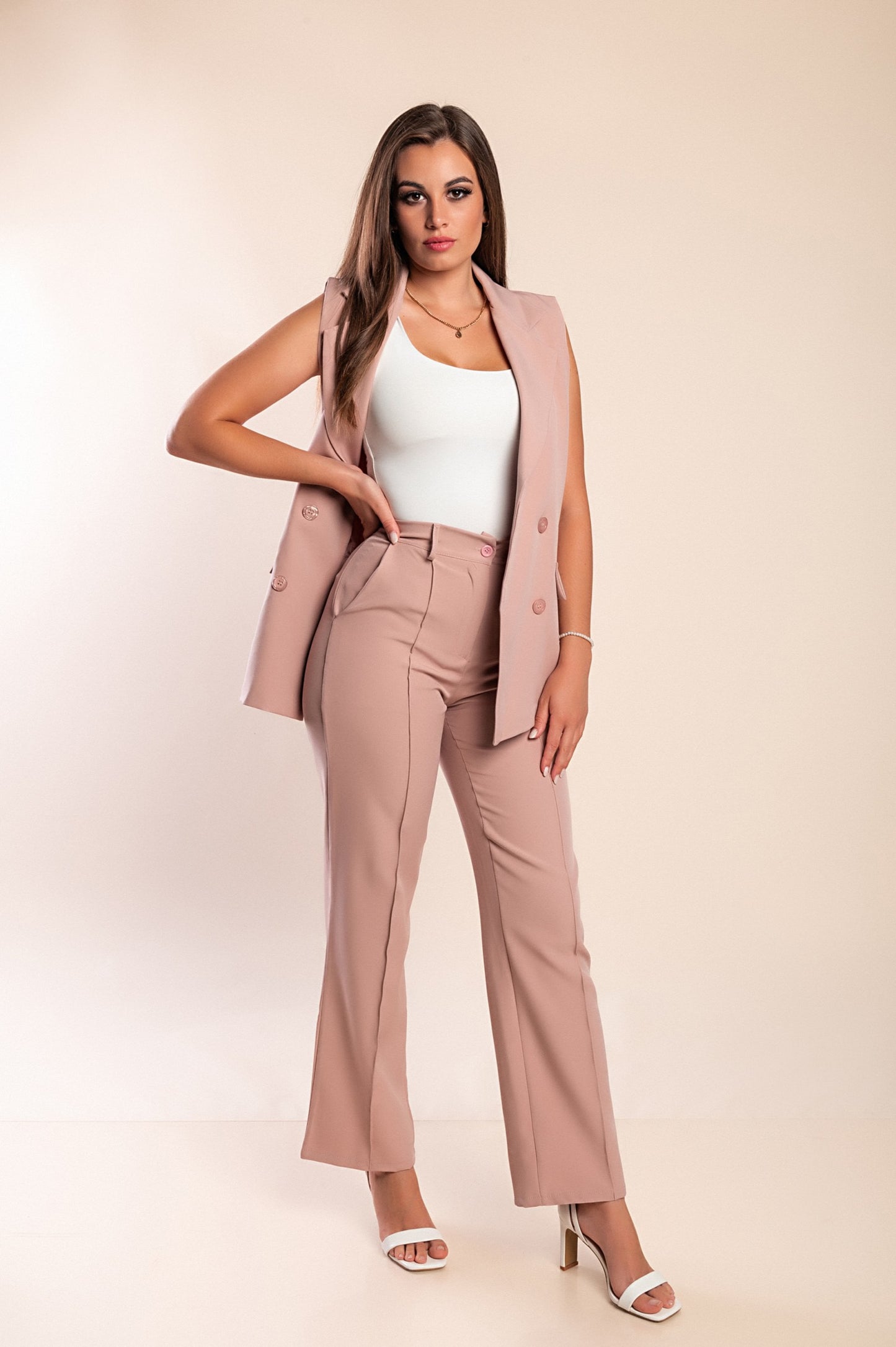 Elegante completo giacca senza maniche e pantaloni, blu