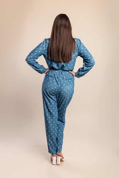 Tuta in denim con stampa a pois, blu