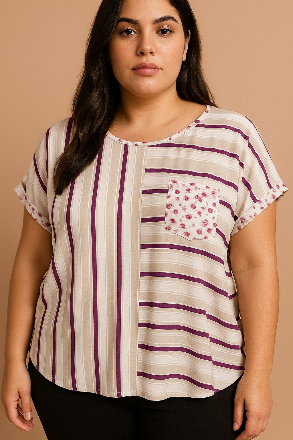 Top taglie forti con stampa a righe, beige