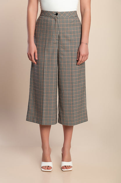 Pantaloni capri con stampa a quadri, marroni