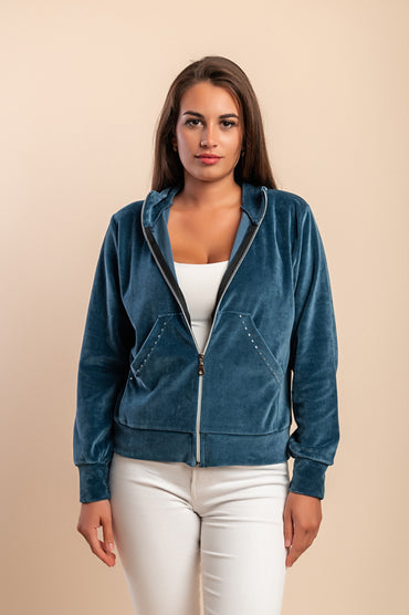 Felpa con zip in cotone e velluto sintetico, blu