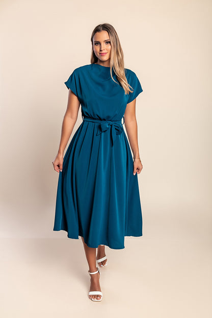 Abito midi con cintura, colore petrolio