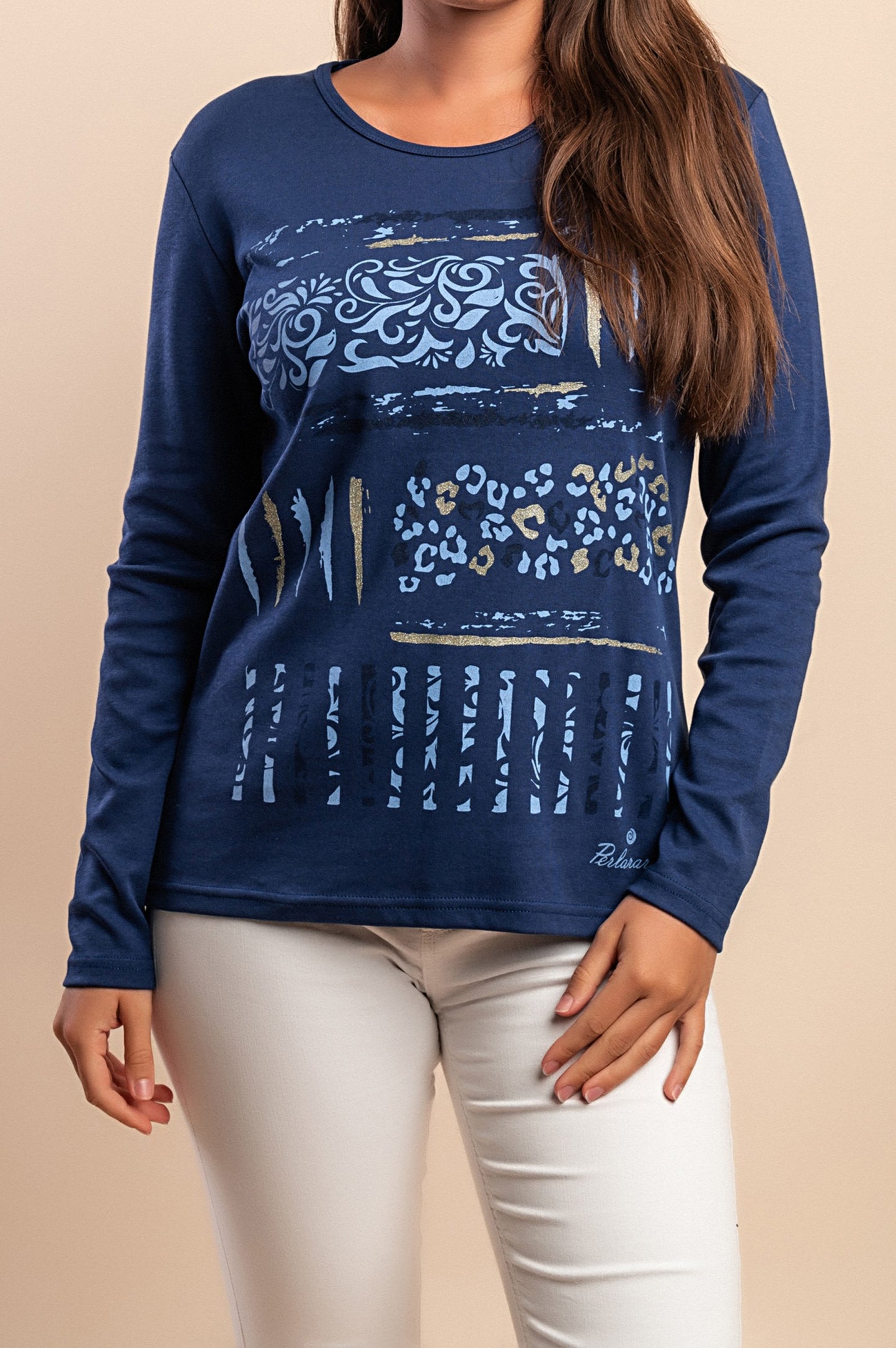 Top a maniche lunghe in cotone, blu scuro
