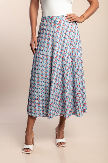 Gonna midi con stampa, azzurra