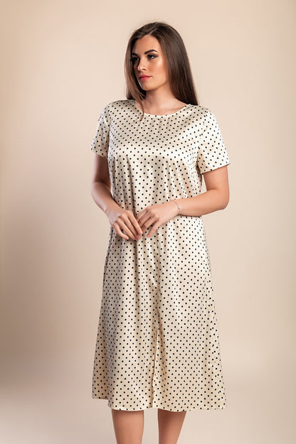 Abito midi con stampa a pois, beige