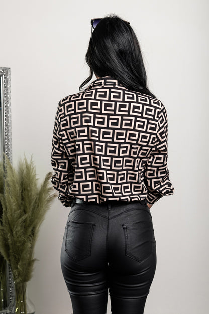 Elegante blusa con stampa geometrica Lavlenta, nera e beige