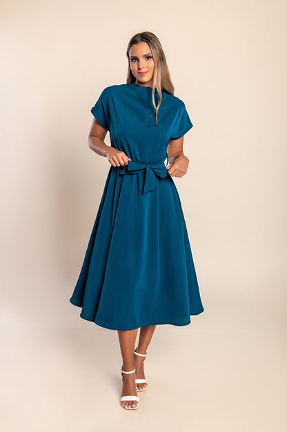 Abito midi con cintura, colore petrolio