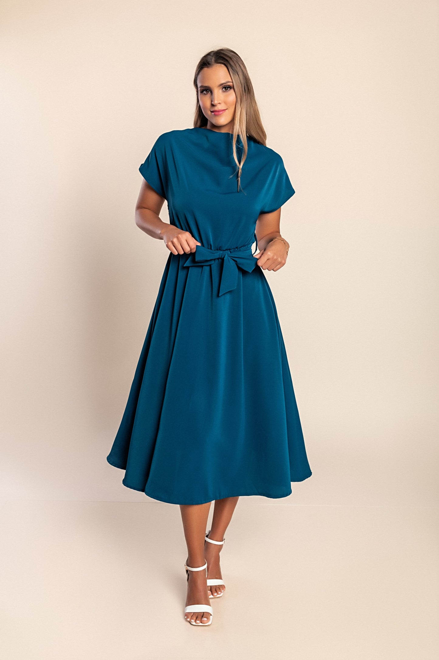 Abito midi con cintura, colore petrolio