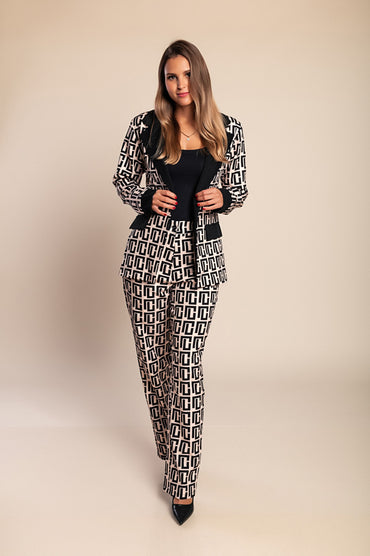 Completo blazer e pantaloni con stampa geometrica, beige/nero