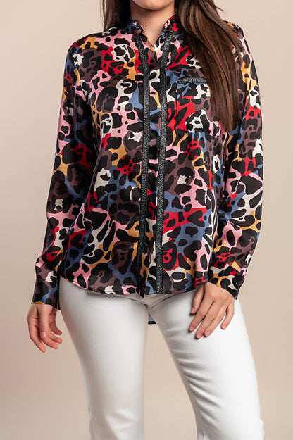 Top con stampa leopardata taglie forti, nero