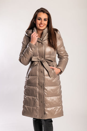 Giacca lunga imbottita con cappuccio, beige
