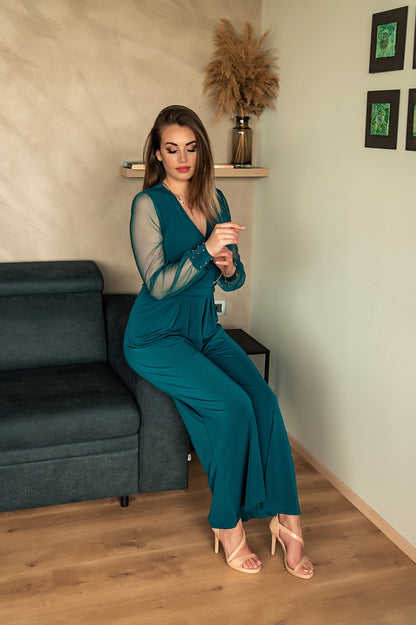 JUMPSUIT ELEGANTE CON SCOLLO A "V" E MANICHE TRASPARENTI CON RIVETTI GEORGINA, NERO