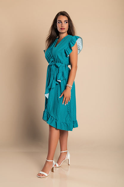 Abito midi a pois con dettagli arricciati, beige