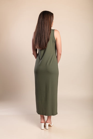 Abito lungo senza maniche, verde oliva
