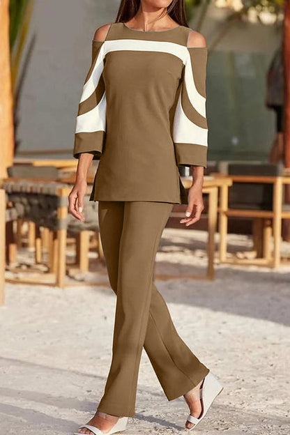Competo elegante top con maniche a campana e pantaloni, nero