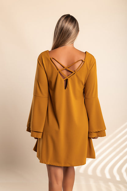 Vestito mini con maniche a campana Rania, senape