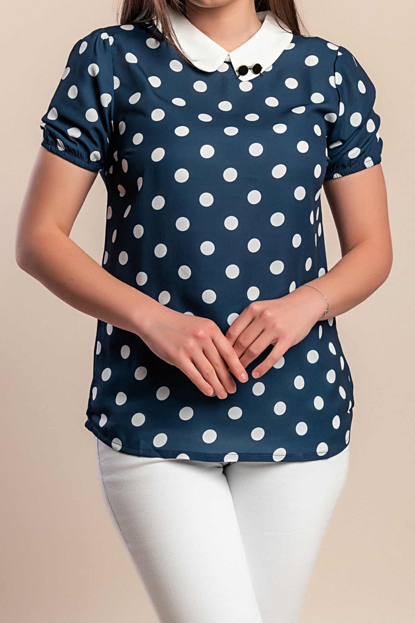 Top con stampa a pois, blu scuro
