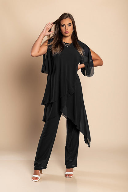 Set di elegante tunica traslucida e pantaloni lunghi  Claudette, neri