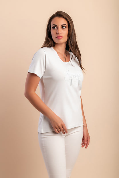 T-shirt in cotone con scollo rotondo, turchese