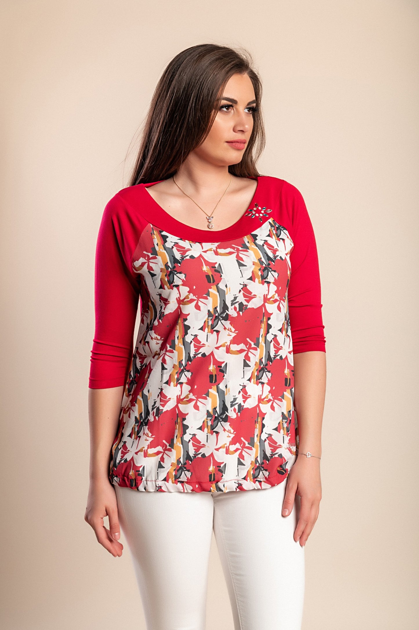 Top con maniche 3/4 stampato in taglie forti, nero