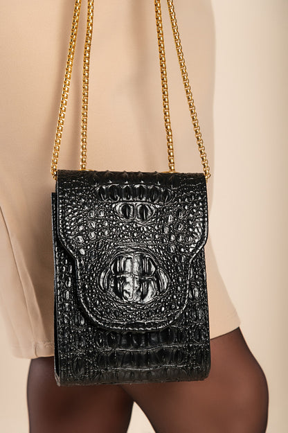 Borsa a mano piccola con fantasia pelle di coccodrillo, nera