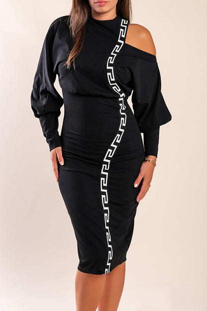 Elegante abito midi con stampa geometrica, nero e beige