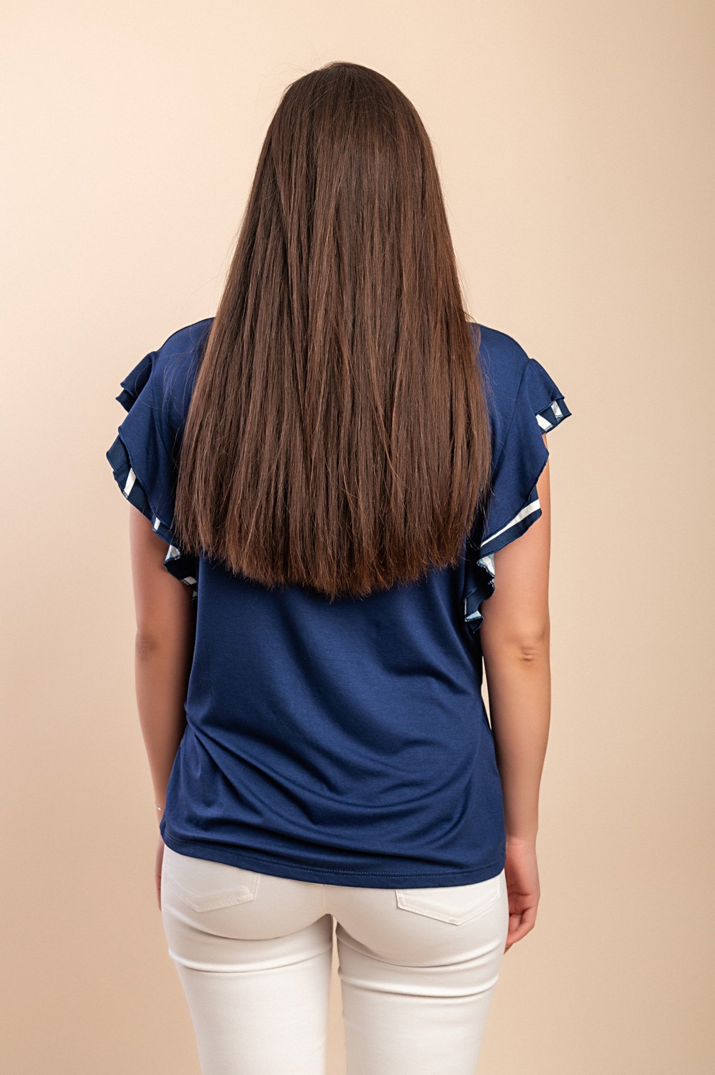 T-shirt in viscosa con stampa a righe, blu scuro