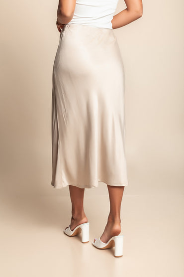 Gonna midi in raso sintetico, beige