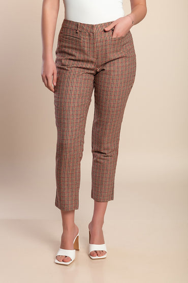 Pantaloni taglie forti 7/8 con stampa a quadri, marrone-rosso