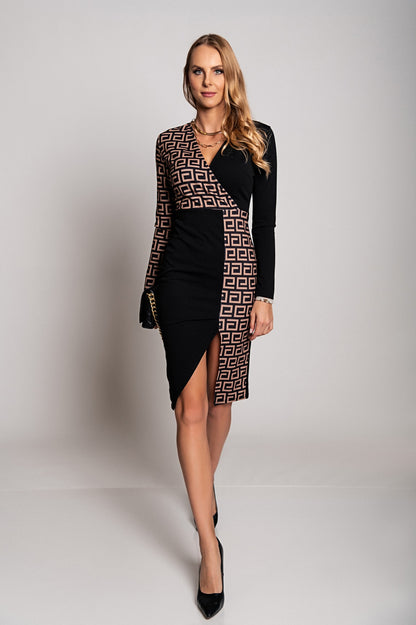 Abito midi elegante con stampa geometrica Melva, nero