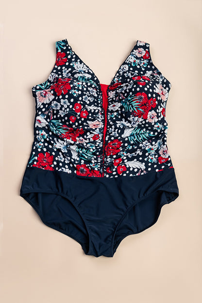 Costume intero taglie forti con stampa, blu scuro