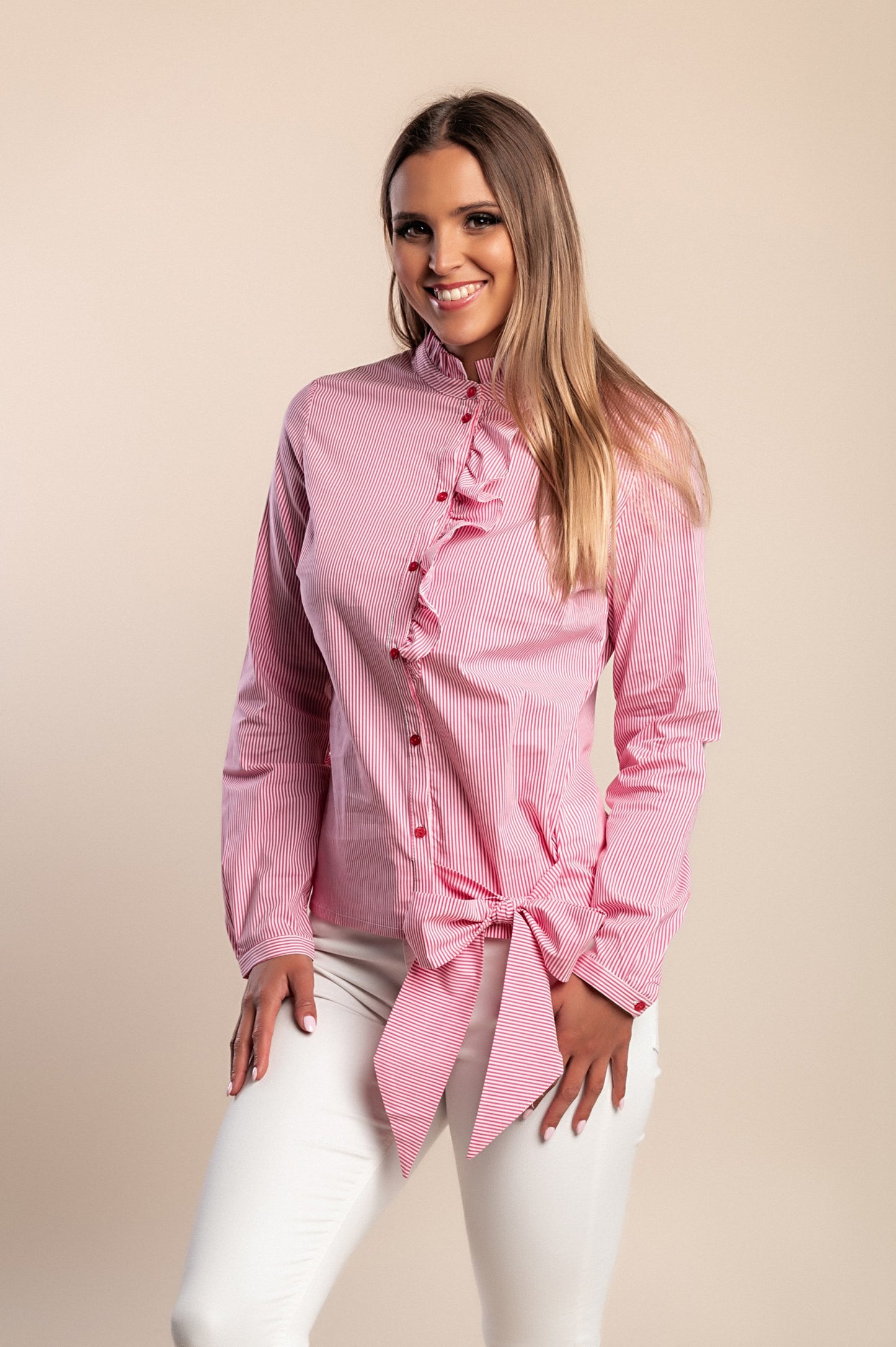 Maglietta taglie forti con stampa a righe, rosa