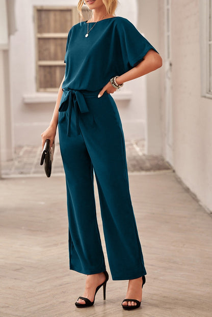 Tuta fashion con pantaloni lunghi ampi e maniche corte  Nelia, albicocca
