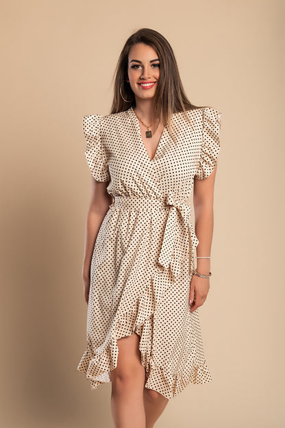 Abito midi a pois con dettagli arricciati, beige