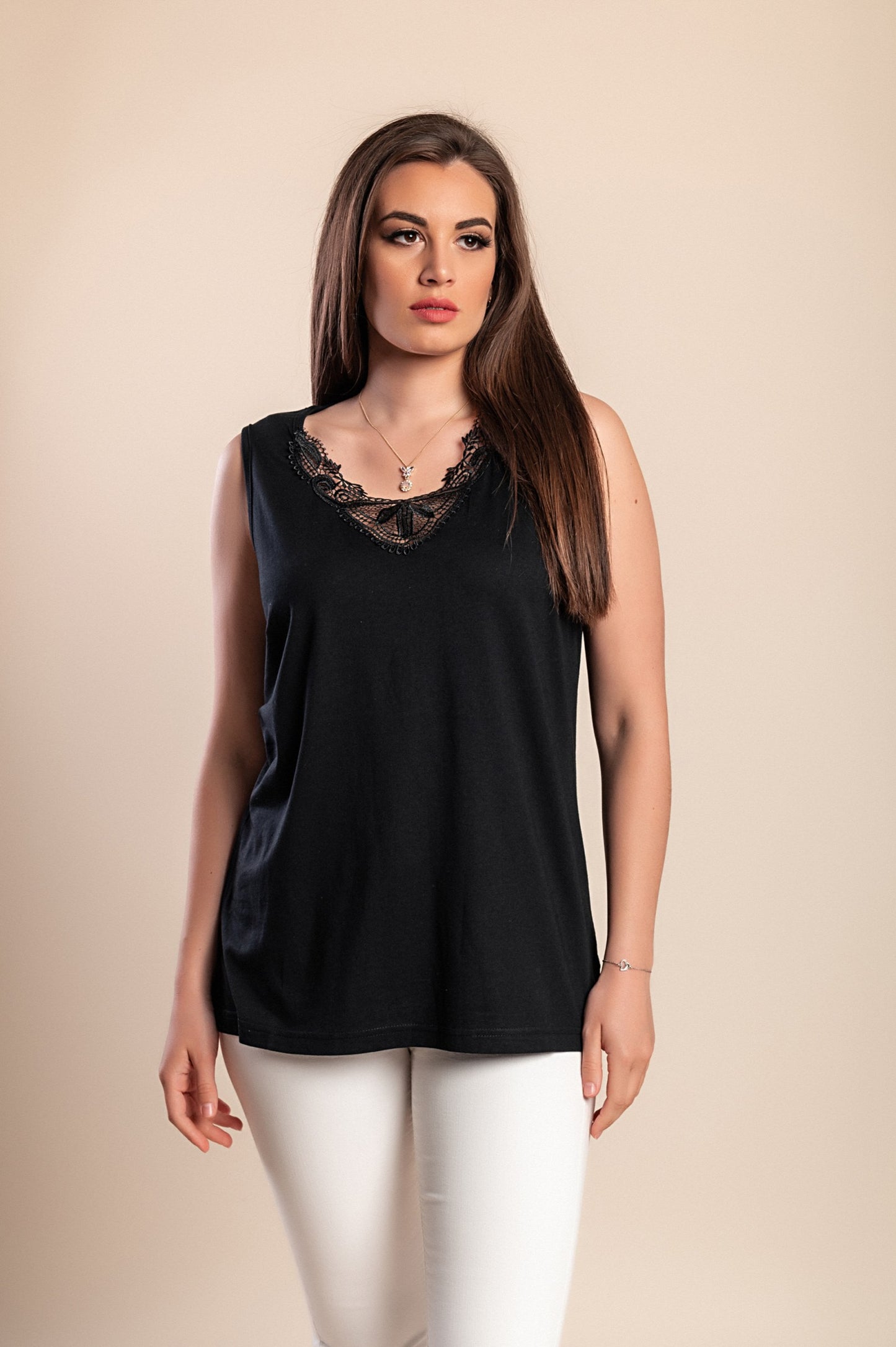 Top in cotone con pizzo, nero