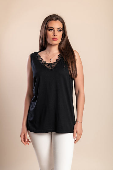 Top in cotone con pizzo, nero