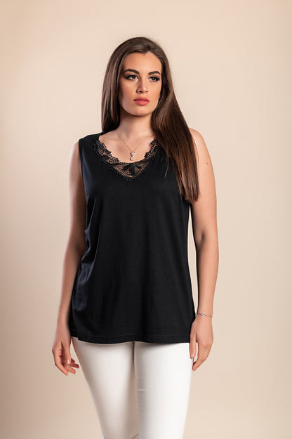 Top in cotone con pizzo, nero