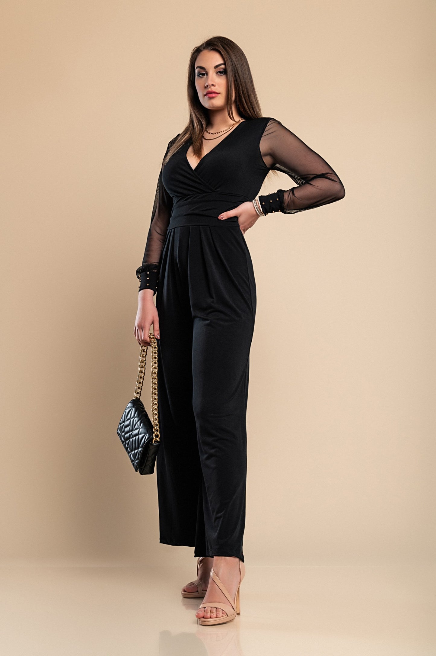 JUMPSUIT ELEGANTE CON SCOLLO A "V" E MANICHE TRASPARENTI CON RIVETTI GEORGINA, NERO
