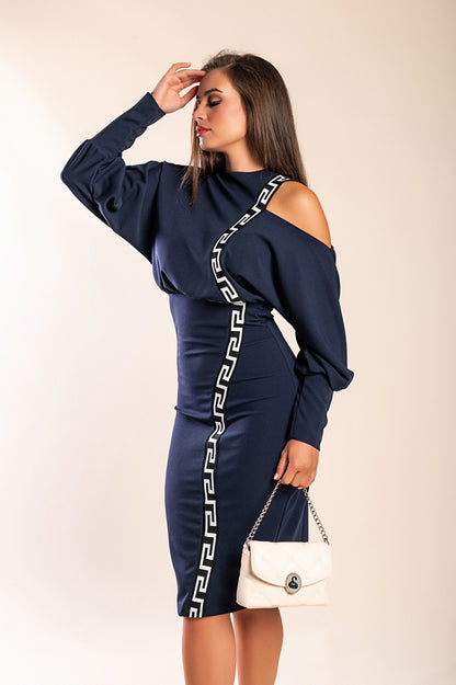 Elegante abito midi con stampa geometrica, nero e beige