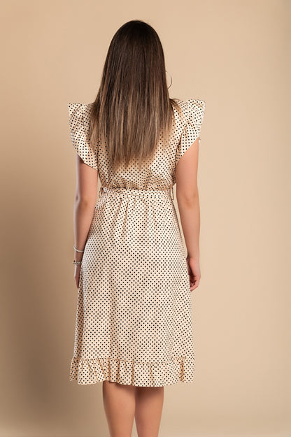 Abito midi a pois con dettagli arricciati, beige