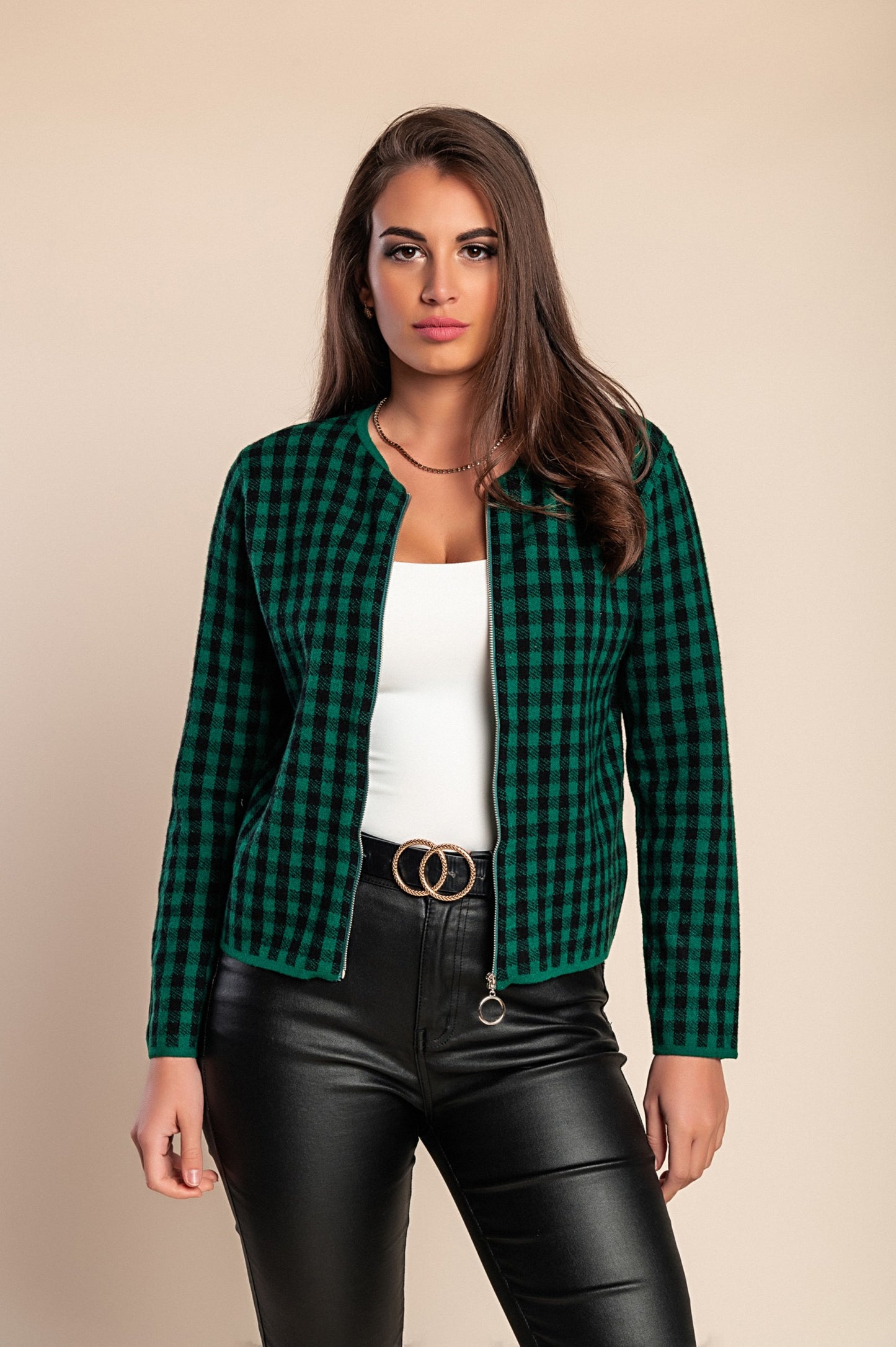 Cardigan in maglia con stampa a quadri, cammello