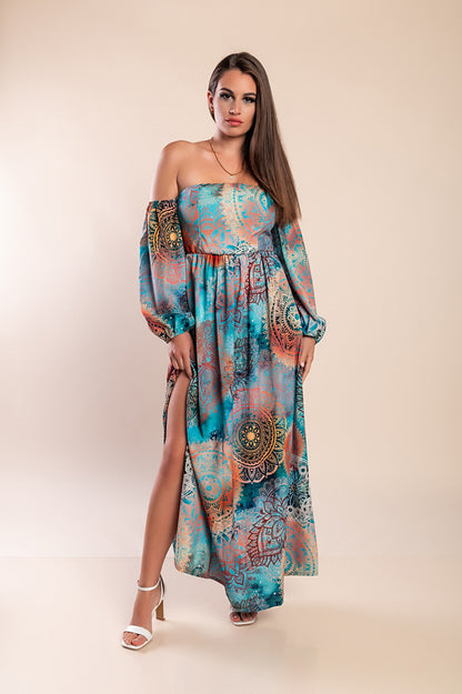 Abito lungo elegante con stampa Montella, celeste