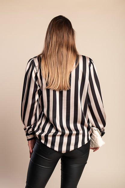 Elegante camicetta con stampa a righe, beige/nero