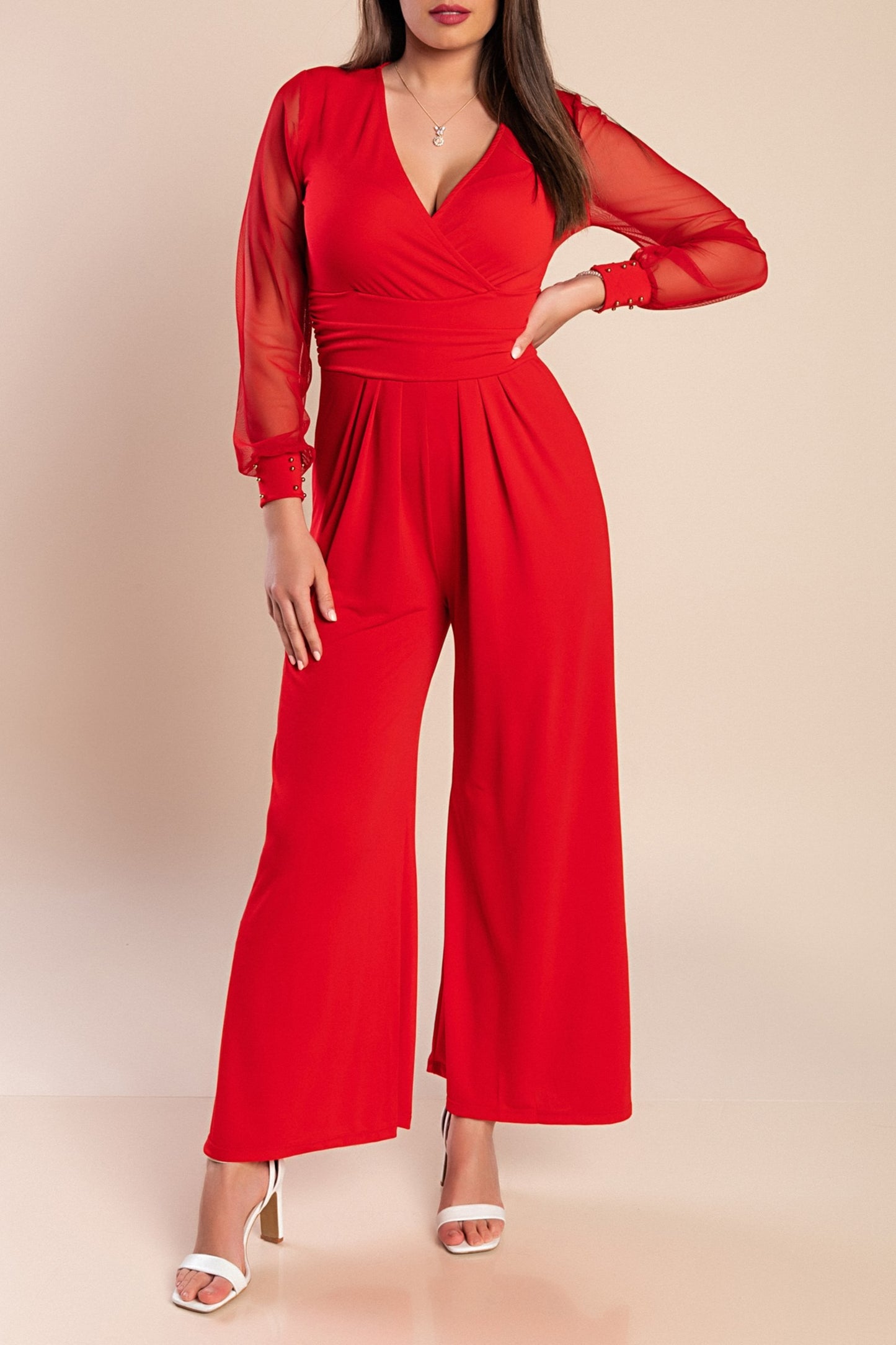 JUMPSUIT ELEGANTE CON SCOLLO A "V" E MANICHE TRASPARENTI CON RIVETTI GEORGINA, NERO