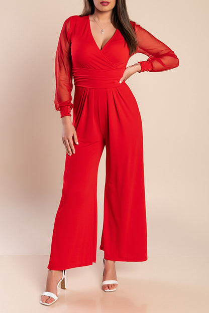 JUMPSUIT ELEGANTE CON SCOLLO A "V" E MANICHE TRASPARENTI CON RIVETTI GEORGINA, NERO
