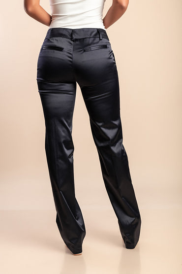 Pantaloni eleganti in finto raso, blu scuro