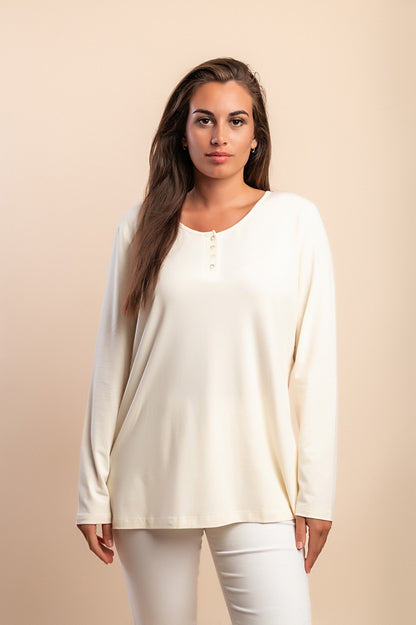 Top in cotone con scollo rotondo, crema