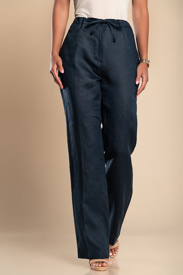 Pantaloni eleganti in lino, blu scuro