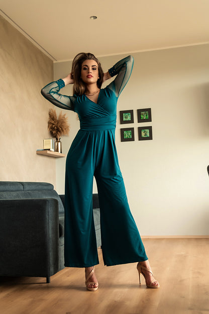 JUMPSUIT ELEGANTE CON SCOLLO A "V" E MANICHE TRASPARENTI CON RIVETTI GEORGINA, NERO