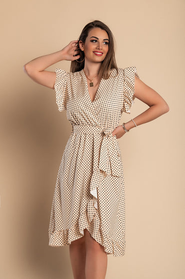Abito midi a pois con dettagli arricciati, beige
